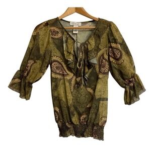 Sushi Flower Blouse Women Small Green Paisley Patchwork Ruffle Tie V-Neck Top